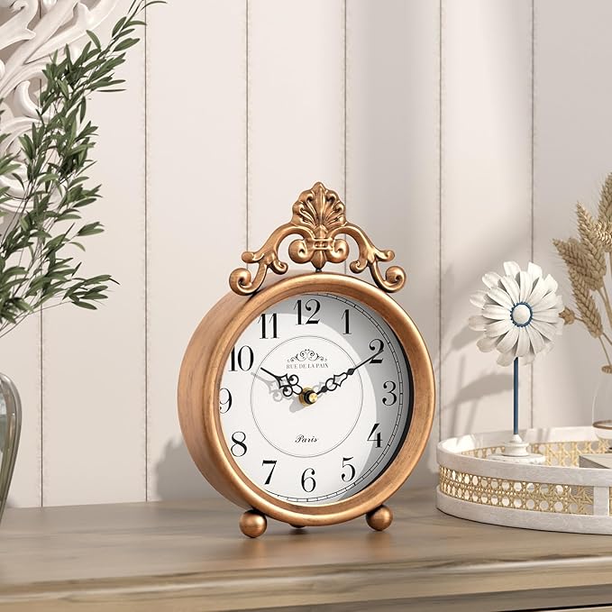 Vintage Gold Table Clock, Desk and Shelf Mantel Clock, French Rustic Antique Style Decor Clocks, for Farmhouse, Bedroom, Living Room, Bedside, Gift (9" H x 6.3" W)