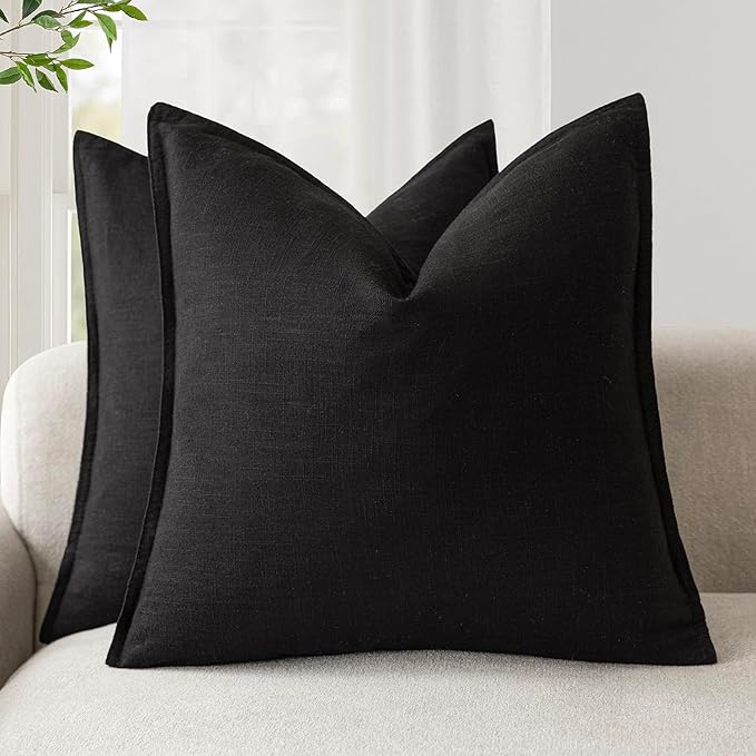 Foindtower Pack of 2, Decorative Linen Soild Throw Pillow Covers Soft Accent Cushion Case Boho Farmhouse Neutral Pillowcase for Chair Couch Sofa Bedroom Living Room Home Decor 18 x 18 Inch Black