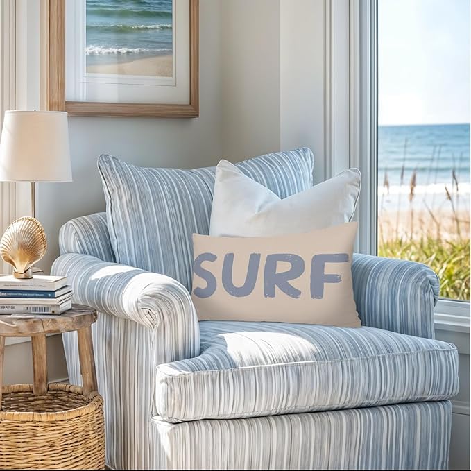 Coastal Beach Surf Room Decor 12x20 Pillow Cover, Nautical Coastal Beach Retro Surf Decorative Lumbar Pillow Covers for Girls Boys Bedroom College Dorm Sofa Couch