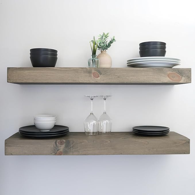 Modern Floating Shelves 3 Inches Thick for Wall, Wide Shelves for Kitchen, Living Room, Bedroom, and Bathroom, Natural Pine Wood, Rustic Wooden Shelf, (Set of 2) (Aged Barrel, 60Lx3Hx6D)
