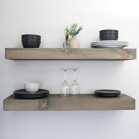 Modern Floating Shelves 3 Inches Thick for Wall, Wide Shelves for Kitchen, Living Room, Bedroom, and Bathroom, Natural Pine Wood, Rustic Wooden Shelf, (Set of 2) (Aged Barrel, 60Lx3Hx6D)