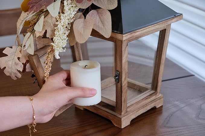 Fall Themed Decorative Wooden Hurricane Candle Lantern - Candle Holder Fall Decor for Home Farmhouse Indoor Outdoor Table Shelf - 14" Tall