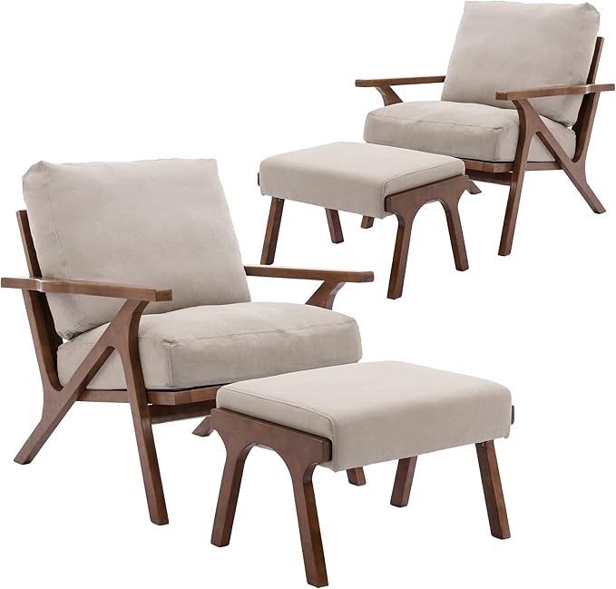 chairus 2 Sets Mid-Century Modern Accent Chairs with Ottoman, Linen Fabric Armchair with Wood Legs Comfy Upholstered Single Sofa Chair for Living Room/Bedroom/Lounge, Beige