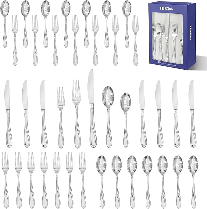 HIKAA Wave Design Silverware Gift Set for Wedding, 40-Piece Artistic Stainless Steel Flatware in Gift Box, Fibonacci Pattern Cutlery Set Service for 8, Mirror Polished