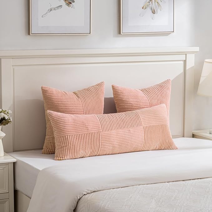 Fancy Homi 2 Packs Peach Decorative Throw Pillow Covers 18x18 Inch for Living Room Couch Bed Sofa, Rustic Boho Farmhouse Home Decor, Soft Corss Corduroy Patchwork Textured Square Cushion Case 45x45 cm