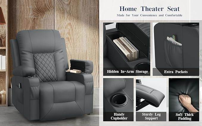 Recliner Chairs for Adults, Massage Rocker with Heated Modern Ergonomic Lounge 360 Degree Swivel Single Sofa Seat Living Room Lounge Recliners Gray