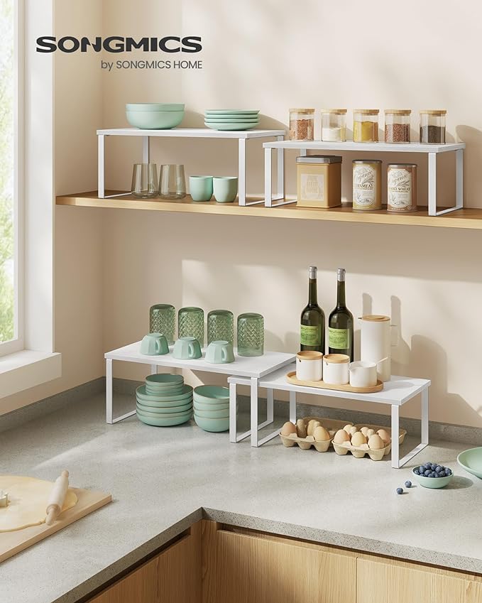 SONGMICS Cabinet Organizer Shelf, Set of 2 Kitchen Counter Shelves, Kitchen Storage, Spice Rack, Stackable, Expandable, Metal and Engineered Wood, Cloud White and Snow White UKCS025W01