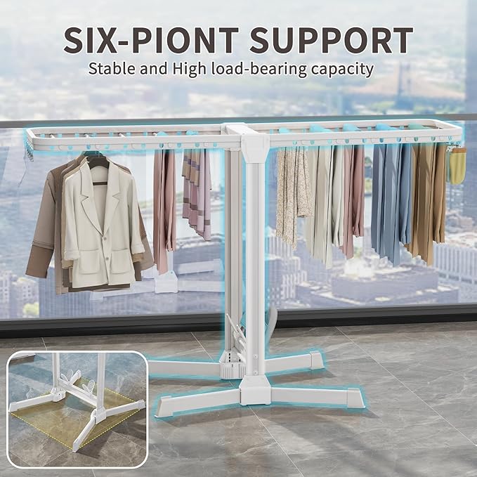 Heavy Duty Clothes Drying Rack Foldable, Aluminum Large Drying Rack Clothing with 2 Height-Adjustable Drying Wings, Laundry Racks for Drying Clothes,Easy to Fold,Indoor Outdoor Use
