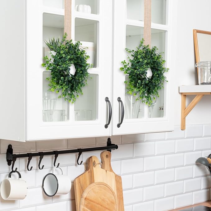 6 Pcs Mini Green Boxwood Candle Rings Wreaths Green Kitchen Cabinet Wreath 3 Inch Wedding Candle Holder for Front Door Porch Outside All Season Wedding Home Tabletop Decoration