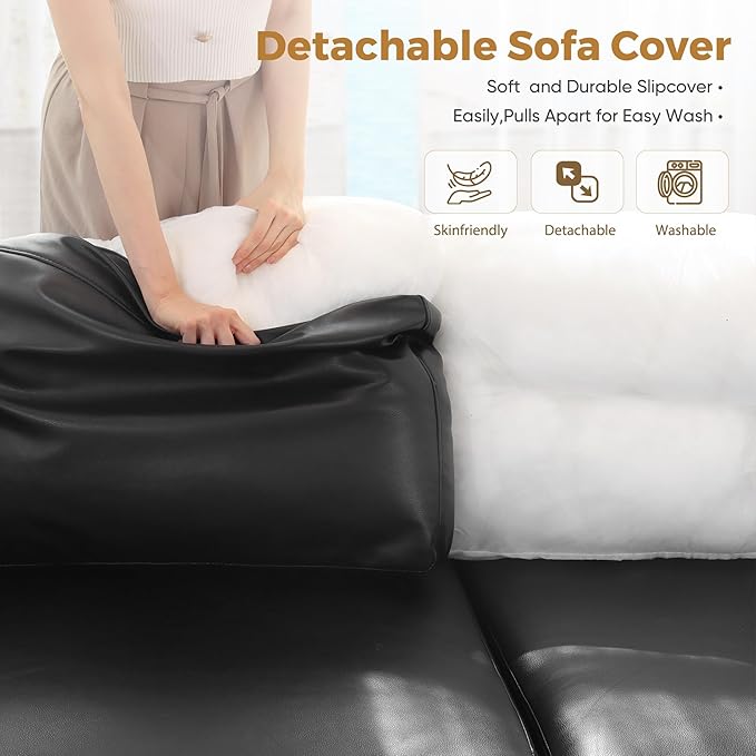 Faux Leather Single Sofa with Storage Ottoman, Modern Accent Chair Deep Seat Large Reading Armchair, Chaise Lounge Chair for Living Room Bedroom Office Black