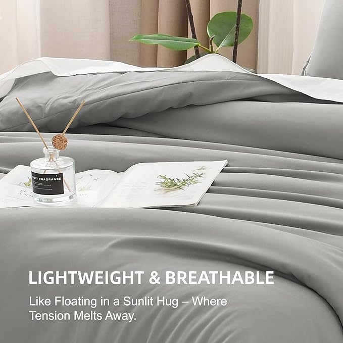 Litanika Comforters Medium Gray Queen Size, 3 Pieces Lightweight Solid Bedding Set & Collections, All Season Fluffy Bed Set (90x90In Comforter & 2 Pillowcases)