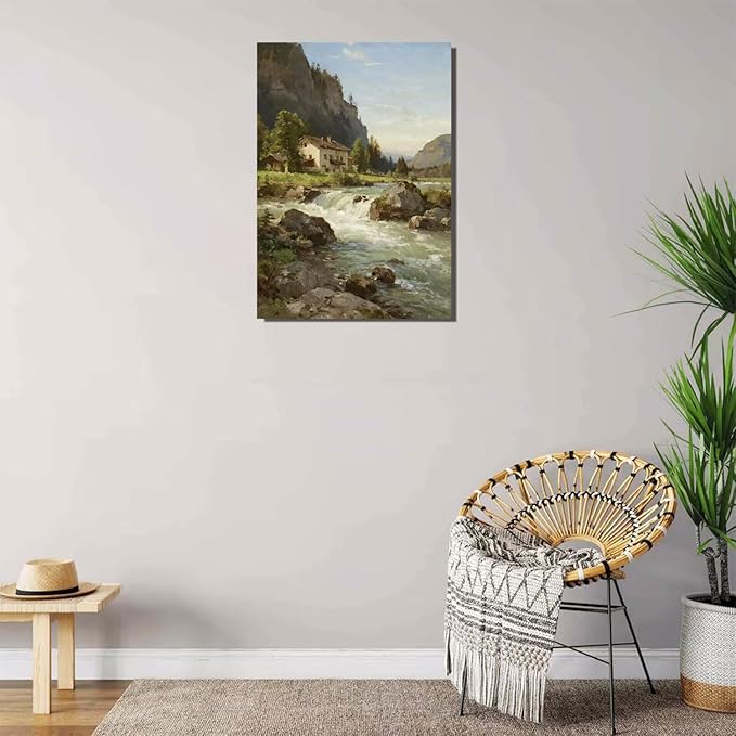 Vintage landscape rural scenery poster art farmhouse cottage wall decor living room kitchen quiet country stream suitable for bedroom bathroom