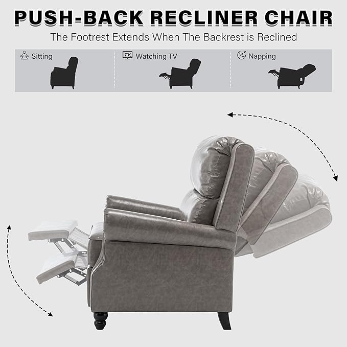 UIXE Pushback Recliner Chair, Faux Leather Armchair Push Back Accent Chair, Rivet Trim Club Chair Home Theater Overstuffed Single Sofa Reading Seat for Living Room, Gray