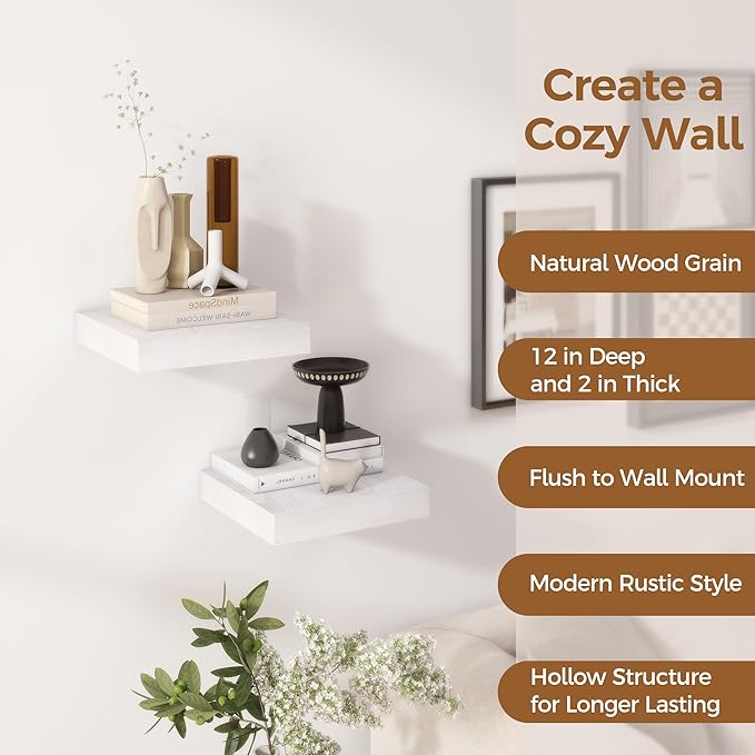 Fun Memories 12 Inch Floating Shelf, Rustic Wood Wall Shelves for Wall Decor & Storage, 12 x 12 Floating Shelf for Living Room, Bathroom, Bedroom, White, Set of 2