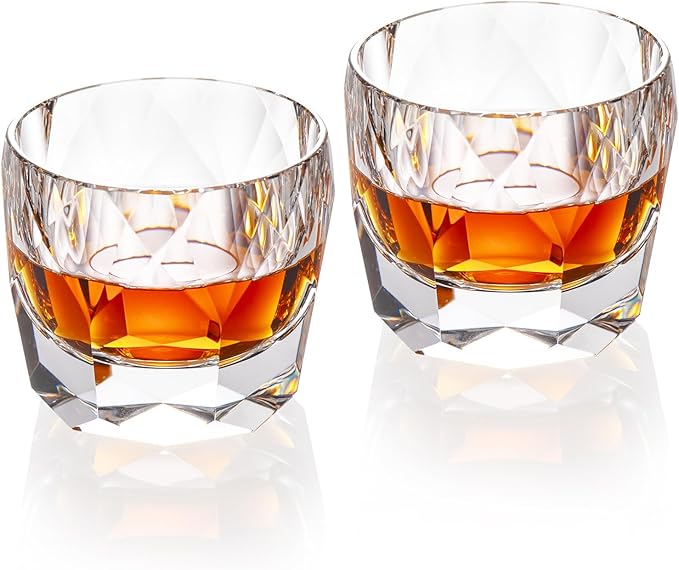 KAMMAK Crystal Whiskey Glasses Set of 2, 7.1oz Old Fashioned Glasses Stemless, Hand Blown White Cocktail Glasses, Luxury Handcrafted Cut Ice Ball Cup for Women, Perfect Men Gift for Bourbon