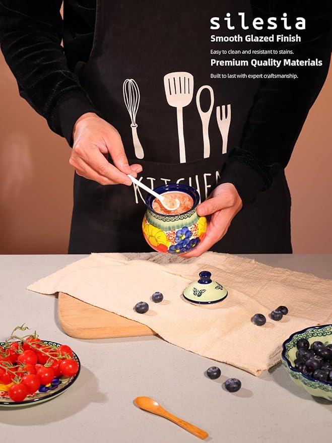 silesia Handmade Sugar Bowl with Lid and Spoon, 9 Ounce Ceramic Hand-Painted Sugar Jar for Home in Gift Box, Kitchen Decor, Oven, Dishwasher & Microwave Safe, Glazed Green