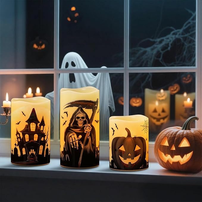 Wondise Halloween Flameless Flickering Candles with 6 Hour Timer, Battery Operated Real Wax Halloween Candles Set of 3 Halloween Decoration Grim Reaper, Haunted House, Pumpkin (3 x 4 5 6 Inch)