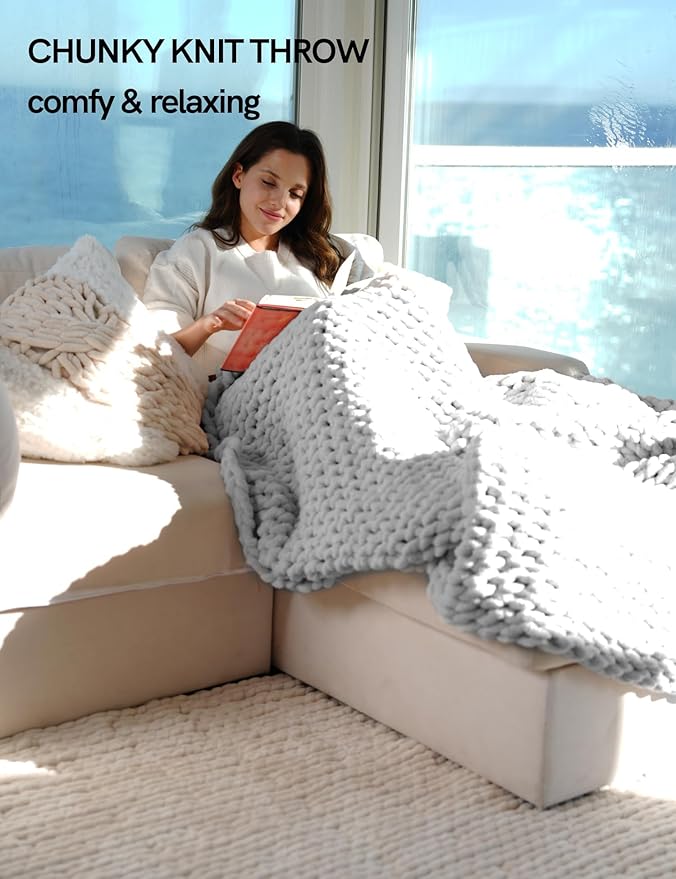 YnM Chunky Throw Blanket, Medium-Weight, Hand Knitted with Chenille Yarn, Skin Friendly, Ventilated and Breathable, Machine Washable, Home Décor Piece for Couch Sofa and Bed (Glacier Grey, 80x87 Inch)