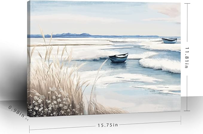 amatop Coastal Wall Art - Nautical Ocean Canvas Print with Light Blue & White Seascape, Boat, Reeds - Beach Picture for Modern Farmhouse, Lake House, Bedroom, Bathroom, Beach-Themed Artwork，16x12
