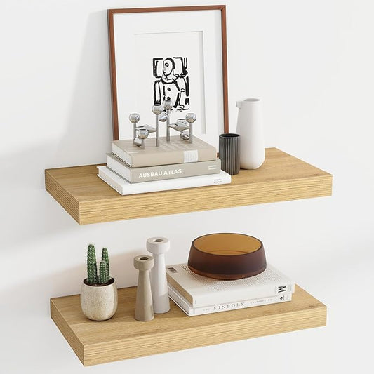 24 Inch Floating Shelves, 12 Inch Deep Floating Shelves for Wall, Floating Shelf with Invisible Brackets, Deep Shelves for Bathroom, Bedroom, Living Room, 2 Pack, Natural