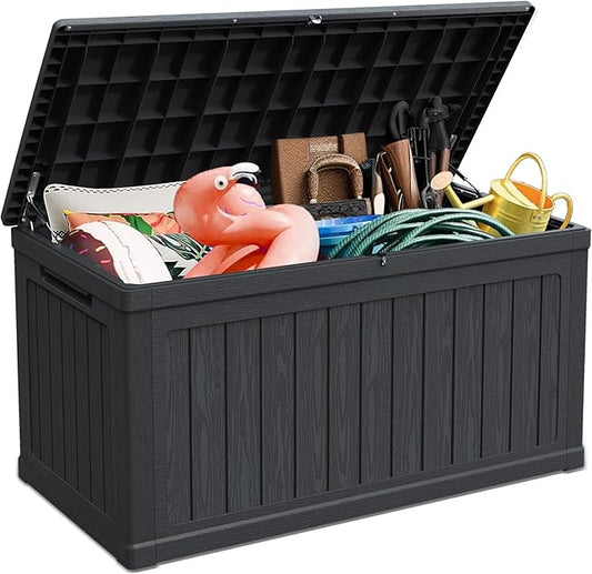 230 Gallon Double-Wall Resin Deck Box - Lockable Waterproof Outdoor Storage Box, 1000lbs Capacity & Doubles as Seating for Patio Furniture - Garden Tools, Pool Accessories (Black)