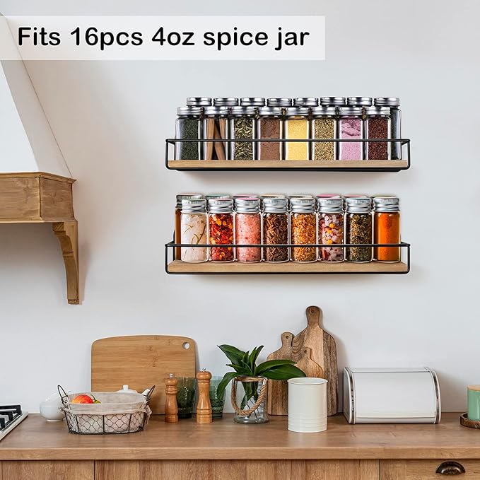 TJ.MOREE 2 Pack Spice Rack Wall Mount Rustic Style Hanging Spice Organizer for Wall, Kitchen Spice Storage