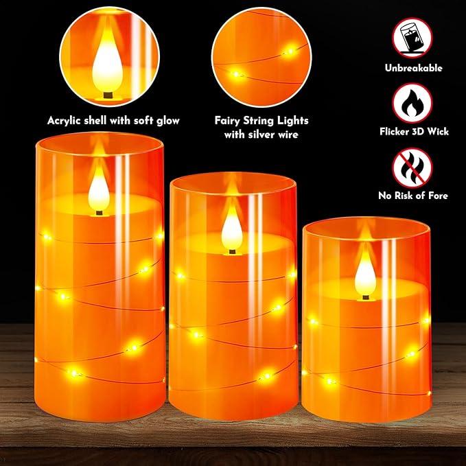 NURADA Flameless Candles with Remote Timers: Built-in Star String Lights 3D Wick Battery Operated Flickering LED Electric Candles for Halloween Thanksgiving Dinner Tables Fall Home Decor Orange 3 Pack