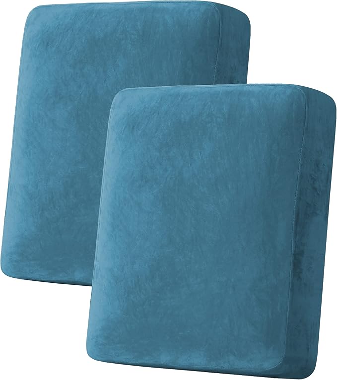 H.VERSAILTEX Velvet Stretch Couch Cushion Cover Plush Cushion Slipcover for Chair Loveseat Sofa Cushion Furniture Protector Seat Cushion Sofa Cover (2 Piece Medium Sofa Cushion Covers, Peacock Blue)