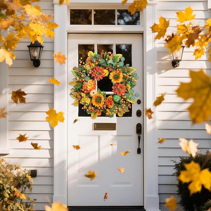 Fall Wreaths for Front Door 24 Inch Autumn Wreath with Sunflowers, Orange Dahlias, Maple Leaves & Berries – Fall Door Wreath for Outdoor or Indoor Thanksgiving Decor