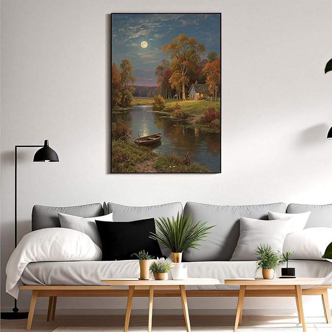 Small house by the stream under the moonlight tranquil style suitable for living room bedroom and office landscape poster wall art