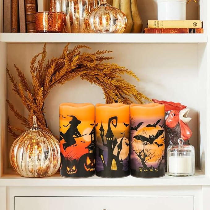 Wondise Halloween Flameless Flickering Candles with 6hrs Timer, Battery Operated Candles with Halloween Decals Real Wax LED Pillar Candles for Halloween Home Table Decor (3 x 6 Inches), Orange
