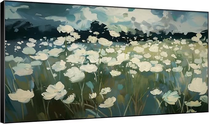 SIGNWIN 30"x60" Extra Large Framed Wall Art White Wildflower Field in Impressionist Style, Soft Floral Landscape for Home Living Room Bedroom Decor (Frame Assembly Required)