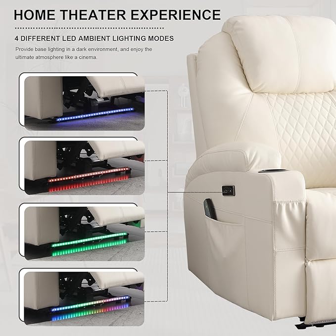 Power Recliner Chair with Heat and Massage, PU Leather Home Theater Seating with LED Lights/Cup Holders/Side Pocket/USB Port, Reclining Sofa Chair for Living Room(2, Beige)