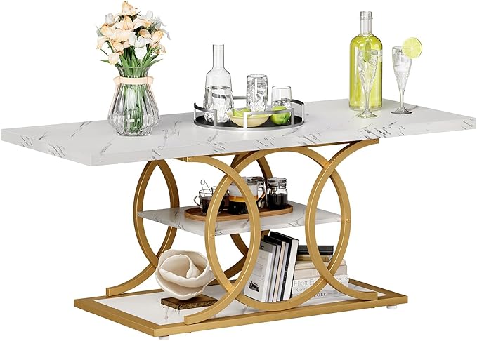GiftGo Rustic Coffee Table with Storage Modern 3 Tier Center Living Room Table Faux Marble Wooden Rectangle Cocktail Tea Table for Office Bedroom Elegant Full Moon Design (White Gold, L-47)