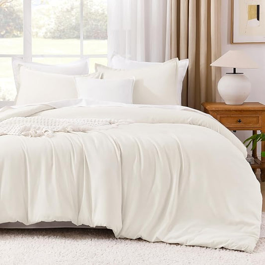 Litanika Ivory Comforter Set Full Size, 3 Pieces Lightweight Solid Bedding Comforter Set, All Season Fluffy Bed Set (79x90In Comforter & 2 Pillowcases)