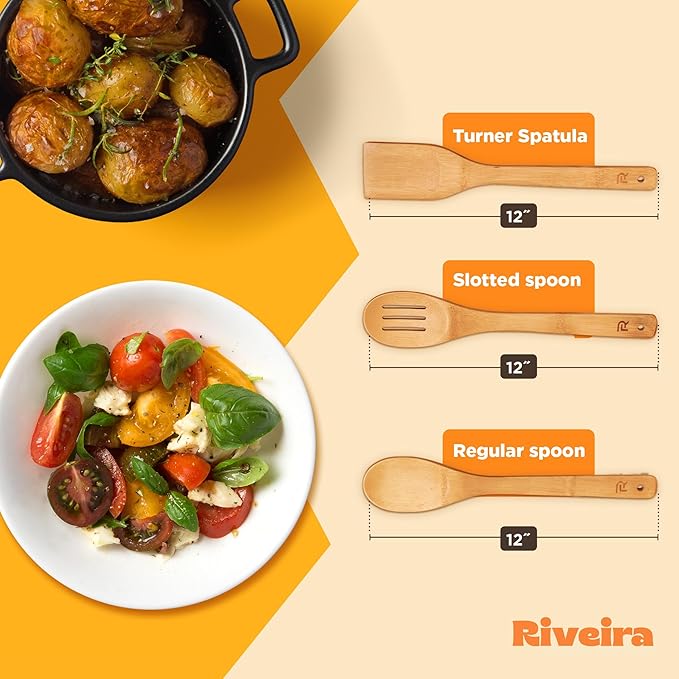 Riveira Bamboo Wooden Spoons for Cooking 3-Piece, Apartment Essentials Wood Spatula Spoon Nonstick Kitchen Utensil Set Premium Quality Housewarming Gifts for Everyday Use
