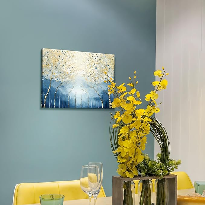 amatop Abstract Tree of Life Wall Art– Modern Blue Yellow Picture Forest Birch Mountain Canvas Print Minimalist Landscape Small Nature Artwork for Bathroom Bedroom Office Decor,16x12 Inch