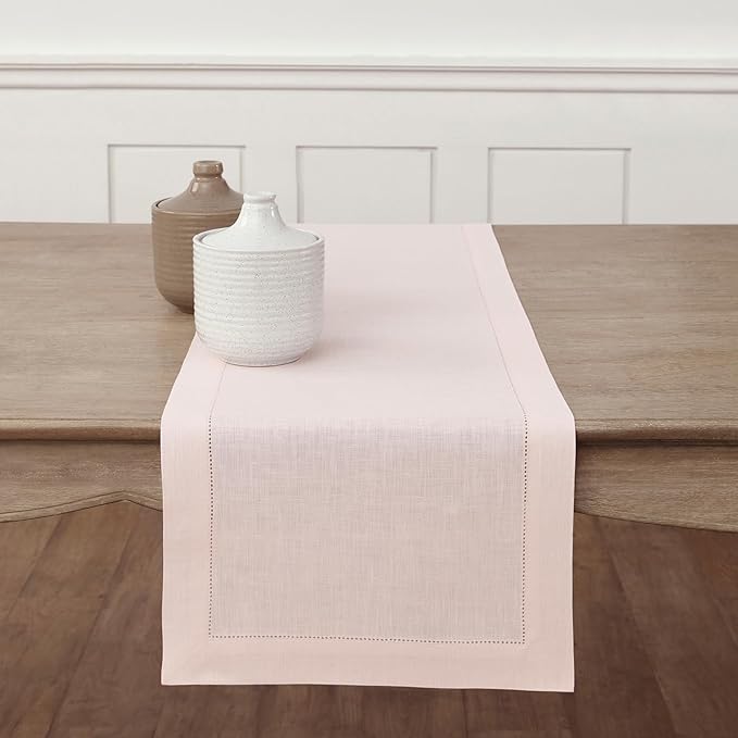Solino Home Linen Pink Table Runner 60 Inches - Classic Hemstitch, 100% Pure Linen Coffee Table Runner 14 x 60 Inch Ideal for Dresser Tables - Halloween