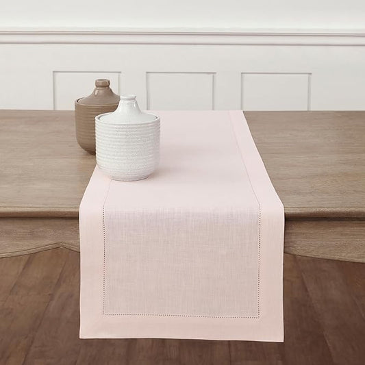 Solino Home Linen Pink Table Runner 144 Inches Long - 100% Pure Linen Extra Long Table Runner 14 x 144 Inch for Halloween - Classic Hemstitch