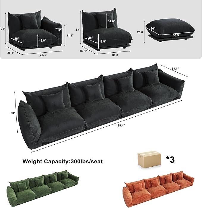 smilesun Modern Minimalist Chenille Modular Sectional Sofa, Oversized Couch and Loveseat Set with Thick Cushions, Upholstered Sofa for Living Room, Bedroom, Office, Apartment(Black,136" 4-Seater)