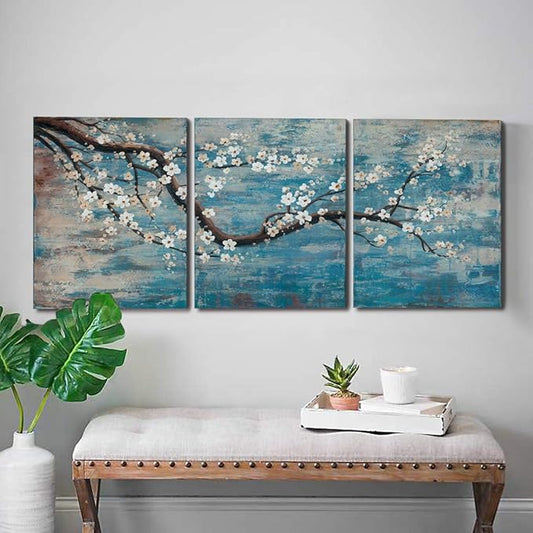 3 Piece Wall Art Hand-Painted Framed Flower Oil Painting On Canvas Gallery Wrapped Modern Floral Artwork for Living Room Bedroom Décor Teal Blue Lake Ready to Hang 12"x16"x3 panel
