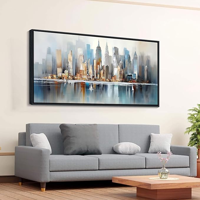 DUNHUANG ART New York City Skyline Abstract Art - Modern Manhattan City View Painting for Home Decor - Large Framed Cityscape Wall Art 20"x40"