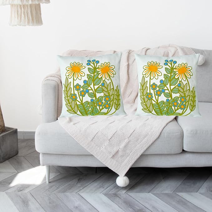 Embroidered Decorative Throw Pillow Cover, 18"x18" Set of 2, Farmhouse Pillowcase Daisy Knit Pattern Cotton Canvas Cushion Case Square Floral Pillow Case for Sofa Couch Bed Living Room…