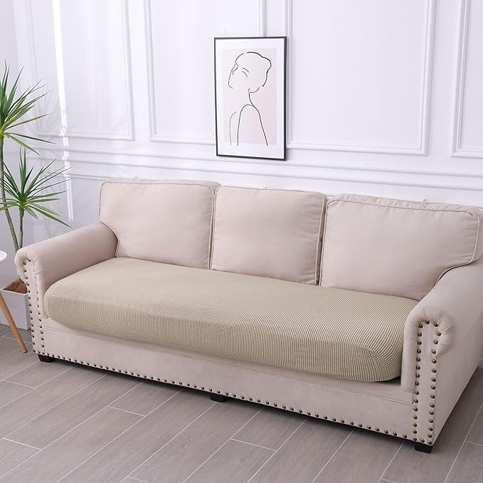 hyha Waterproof Couch Cushion Covers for Pets, Non Slip Sofa Seat Cover for Dogs Washable, Soft Thick Stretch Jacquard Fabric, Sofa Slipcovers with Elastic Bottom (1 Piece for Large, Taupe)