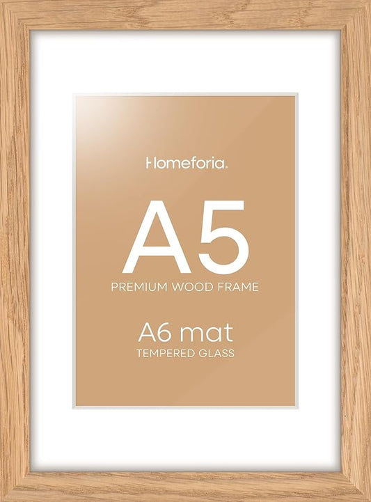 Homeforia A5 Wood Picture Frame, High-End Natural Oak 5.8x8.3 Frame Matted to 4.1x5.8 inch Photo, A5 Size Wooden Frames with Mat A6 for Art, 5.8 x 8.3 Poster Frames, Tempered Glass, Wall Kit, Set of 1