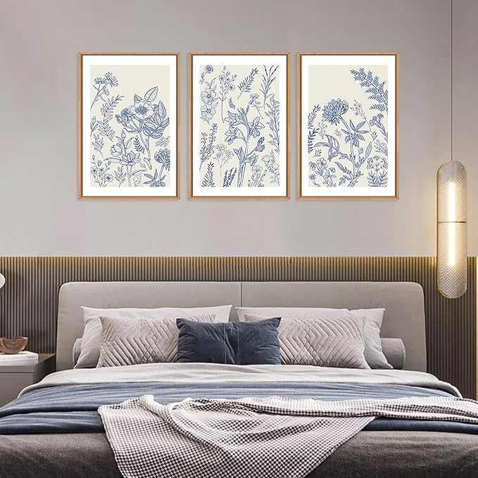 HPINUB Classic Chinoiserie Floral Framed Canvas Wall Art Set,Watercolor Blue and White Botanical Flowers Wall Decor,Navy Blue Minimalist Wildflower Art Print for Living Room,Bedroom,Office-16 x24 x3