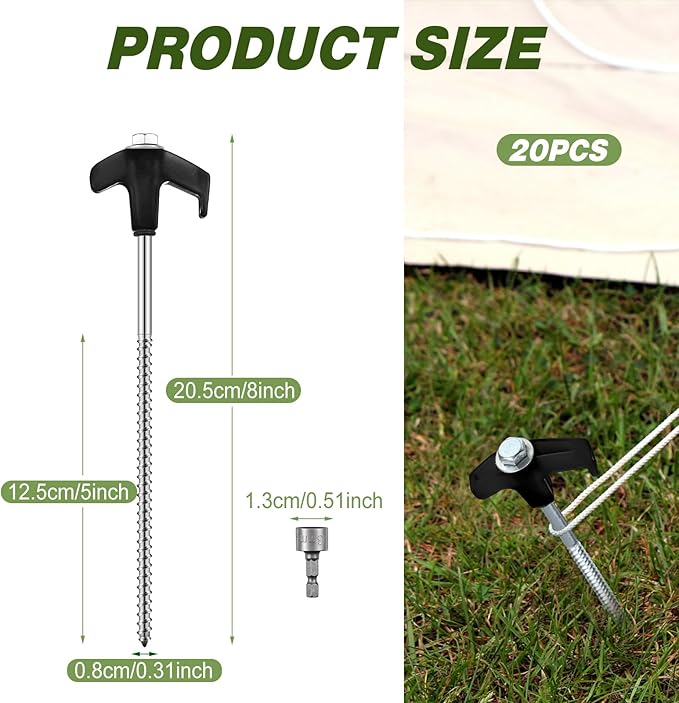 Hicarer 20 Pcs 20 Pcs 8'' Screw in Tent Stakes Heavy Duty Ground Metal Stakes for Inflatables with Hex Head Driver for Outdoor Camping Tent Inflatable Garden Decor (Black)