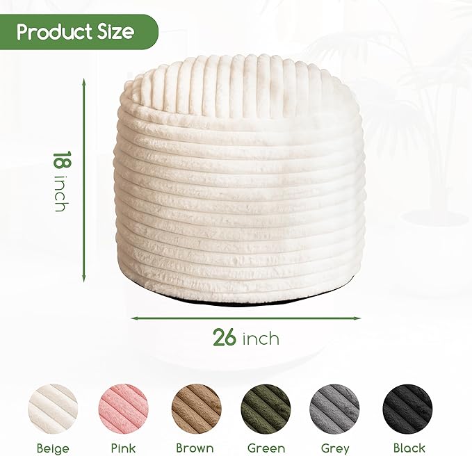 HIGOGOGO Round Stuffed Pouf Ottoman, Stripe Faux Fur Poufs with Foam Chunk Filling, Furry and Fluffy Pouf Foot Stool Storage Ottoman, 26 X 18 Floor Poufs Foot Rest for Living Room, Beige