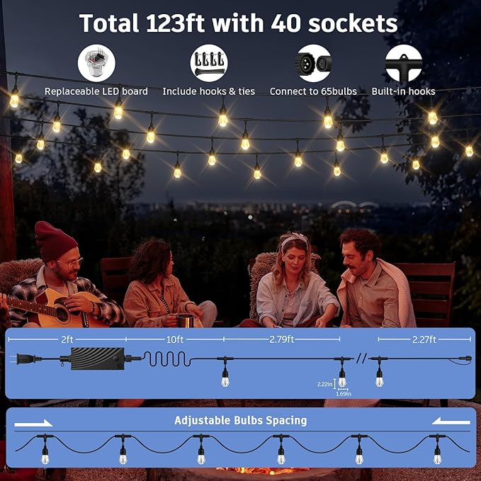 XMCOSY+ Smart Outdoor String Lights - 123ft RGBCWIC Patio Lights with 40 Color Changing Bulbs, LED String Light for Outside Backyard Bistro Party, APP WiFi Control, Work with Alexa, IP65 Waterproof