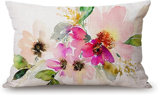 12x20 Inches Pillow Covers Rustic Farmhouse Decor Beautiful Watercolor Flower Pillowcases Cotton Linen Pink Floral Throw Pillow Case Cushion Cover for Sofa Couch Bedroom